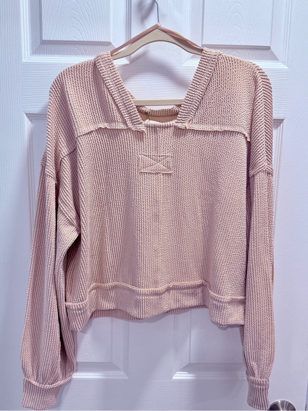 NWT New In Oatmeal Textured Soft Waffley Knit Long Sleeve Top - Picture 2 of 7
